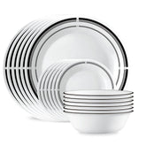 Corelle Brasserie front packaging showing full 18-piece set and durable design benefit