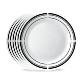 Corelle front view showing brasserie plate with black rim and durable look
