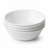 Corelle front view of four white meal bowls showing clean design and durability
