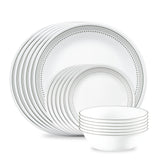 Corelle front view of Mystic Gray 18-piece set showing full packaging and elegant styling