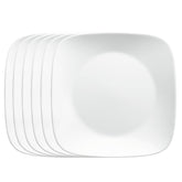 Corelle front view showing six white square plates, durable and elegant