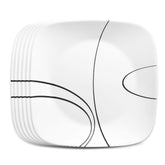 Corelle front view of six-pack plates showing modern square shape and tidy stack benefit