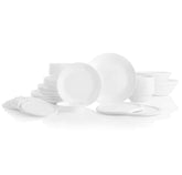 Corelle front view of full 78-piece set showing clean Winter Frost White finish and convenience