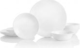 Corelle Winter Frost front view showing full 18-piece set and elegant white finish benefit: versatile styling
