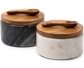 Cork & Mill front view showing both marble bowls and lids for elegant seasoning