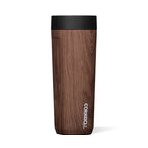 Corkcicle commuter cup front view showing walnut finish and slim profile benefit