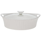 CorningWare front view of French White oval casserole showing elegant finish and oven-to-table appeal