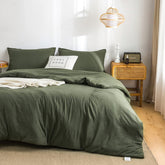 COTTEBED front view dark olive showing full comforter on twin bed, cozy styling benefit