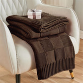CozeCube front view shows dark brown checkered throw enhancing sofa comfort
