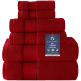 COZYART front-view of six-piece cherry red towel set displays complete matching collection and style