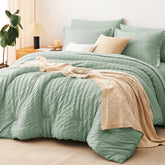 CozyLux comforter set front view showing sage green seersucker and coordinated pieces