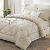 CozyLux comforter front view in oatmeal showing full bed coverage and neutral style