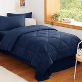 CozyLux navy comforter front view showing neat finish and immediate bed upgrade