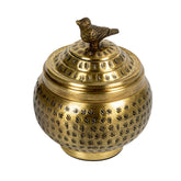 Creative Co-Op brass container front view showing warm finish and storage benefit