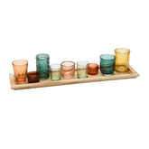 Creative Co-Op front view shows tray and nine multicolor votive holders, adds warmth