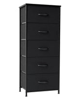 Crestlive front view of black tall fabric dresser showing five drawers and wood top benefit: space-saving