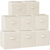 Criusia front view of eight beige storage cubes showing uniform pack and neat look