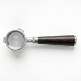 CrossCreek portafilter front view showing polished head and rosewood handle, improved handling
