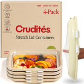 Crudités front view of four cream white trays showing neat stackability and storage benefit