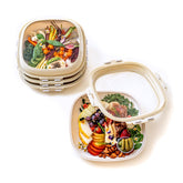 Crudités front-packaging showing four cream white square trays and lids for portable storage