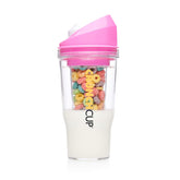 CRUNCHCUP front view in pink showing travel-ready cereal convenience