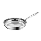 Cuisinart 10-inch skillet front view showing polished stainless finish and cooking surface benefit even heat