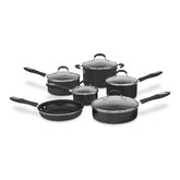 Cuisinart front view of full 11-piece set showing black finish and cookware versatility