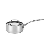 Cuisinart 1 qt saucepan front view showing polished stainless finish and lid, precise heating benefit