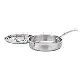 Cuisinart MultiClad Pro skillet front view with lid showing polished finish and capacity