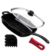 Cuisinel cast iron pan front view showing durable construction and accessories