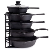 Cuisinel pan organizer front view showing five tiers and tidy storage benefit