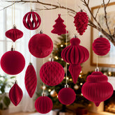 CUPLOOV front view of 18-piece burgundy velvet ornament set showing coordinated look and value