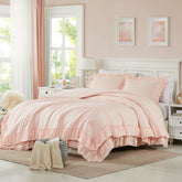 Cupocupa front view of blush pink comforter set showing elegant ruffle and soft look