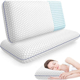 CushyOasis front view of king-size pillow set shows matching pillows and packaging benefit: ready replacement