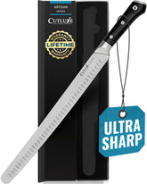 Cutluxe 14-inch full blade front view showing long slicing reach and precision