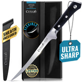 Cutluxe 7-inch fillet knife front view showing blade and handle benefit precise control