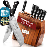 Cutluxe acacia wood block showing organized knife storage and elegant presentation