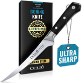 Cutluxe boning knife front view showing full blade and balance for precision