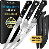 Cutluxe boning set front packaging showing the three 6" knives, clear gift-ready presentation