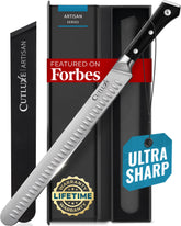 Cutluxe brisket knife front view showing full 12-inch blade and ergonomic handle for precise cuts