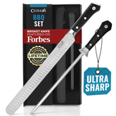 Cutluxe 12-inch brisket knife front view showing balanced design and slicing benefit
