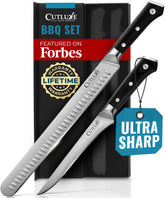 Cutluxe brisket slicer front view showing clean blade and balance