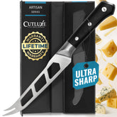 Cutluxe front view showing serrated blade and pronged tip, precise slices benefit