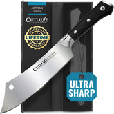 Cutluxe cleaver front view showing full blade and balance benefit