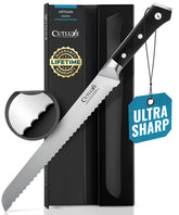 Cutluxe front view of knife packaging showing product and benefits