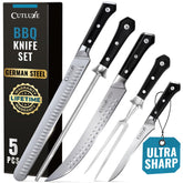 Cutluxe front packaging showing complete five-piece butcher set benefit clarity
