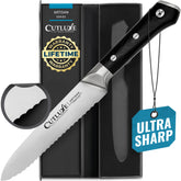 Cutluxe front view of knife showing blade and pakkawood handle, clear control