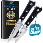Cutluxe front packaging showing both paring knives and benefits