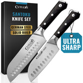 Cutluxe front packaging showing santoku and 5-inch knife, clear benefit durable set