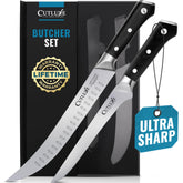 Cutluxe front packaging showing both knives and included set benefits